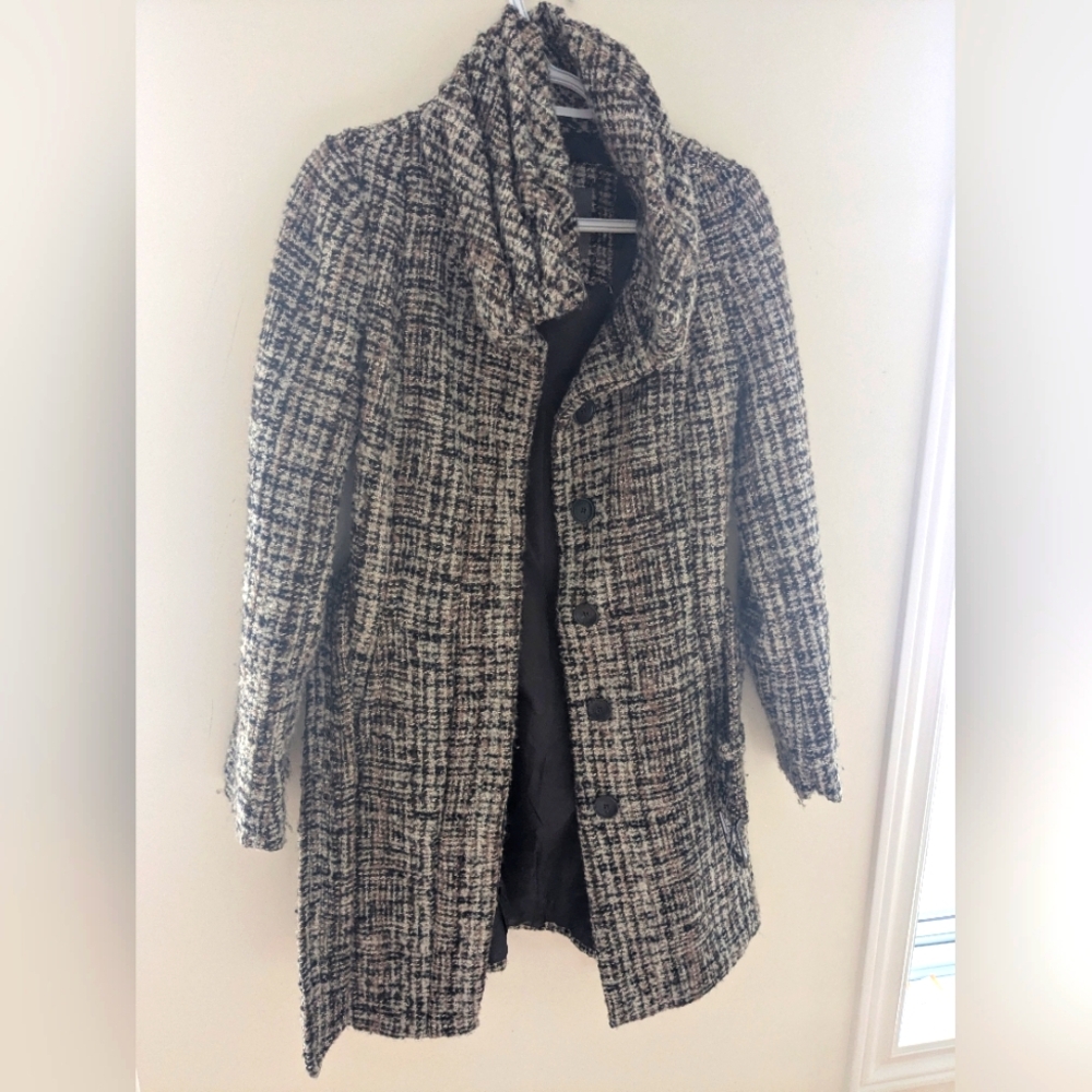 Zara Wool Blend Belted Mid Length Coat Neutral Beige Gray Black Hues Size M